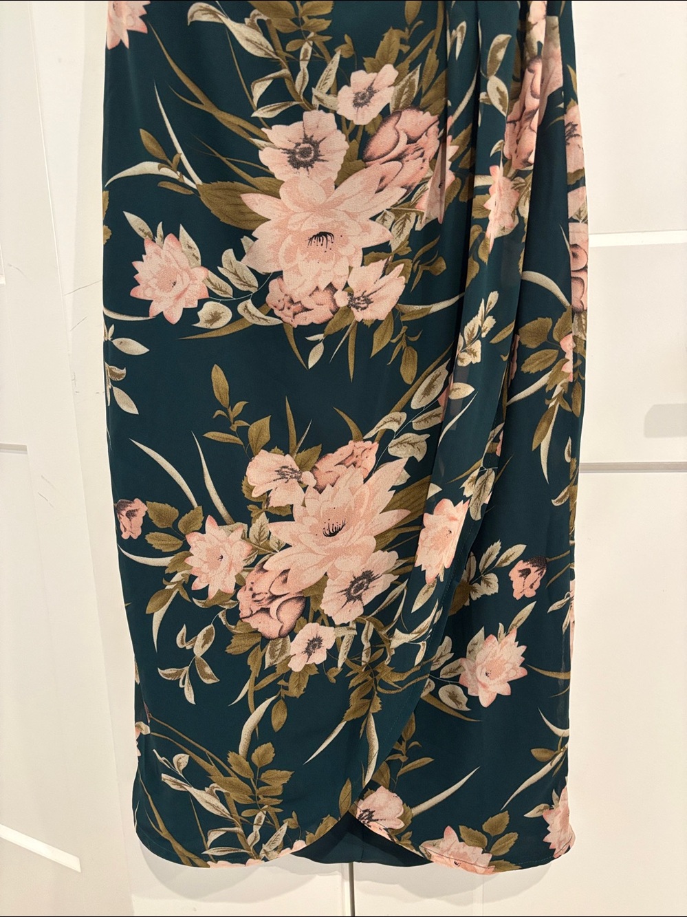 Green and Blush Floral Strapless Sweetheart Tulip Midi Dress. Size L - Picture 7 of 12